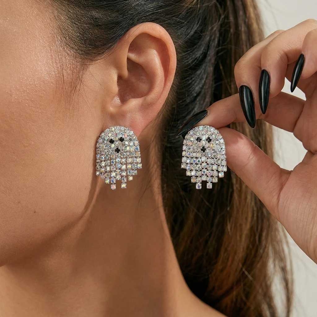 Halloween Funkelnde Strass-Geister-Quasten-Ohrringe für Frauen Niedliche Geister-Ohrstecker Goth Punk Party Schmuck Accessoires – Detail 1