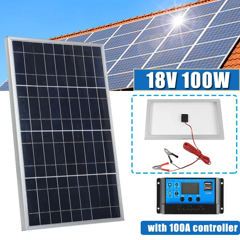 Panel de carga Solar de silicio policristalino con marco de aluminio de 18V y 100W, cargador de Panel Solar de emergencia portátil para teléfono móvil para exteriores