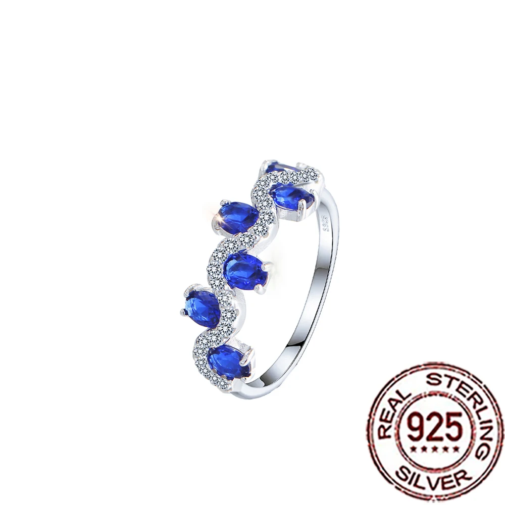 QooLady S925 Real Sterling Silver Blue Oval Cubic Zircon Curved Vine Design Ring Trendy Daily Wear Jewelry For Ladies SR116
