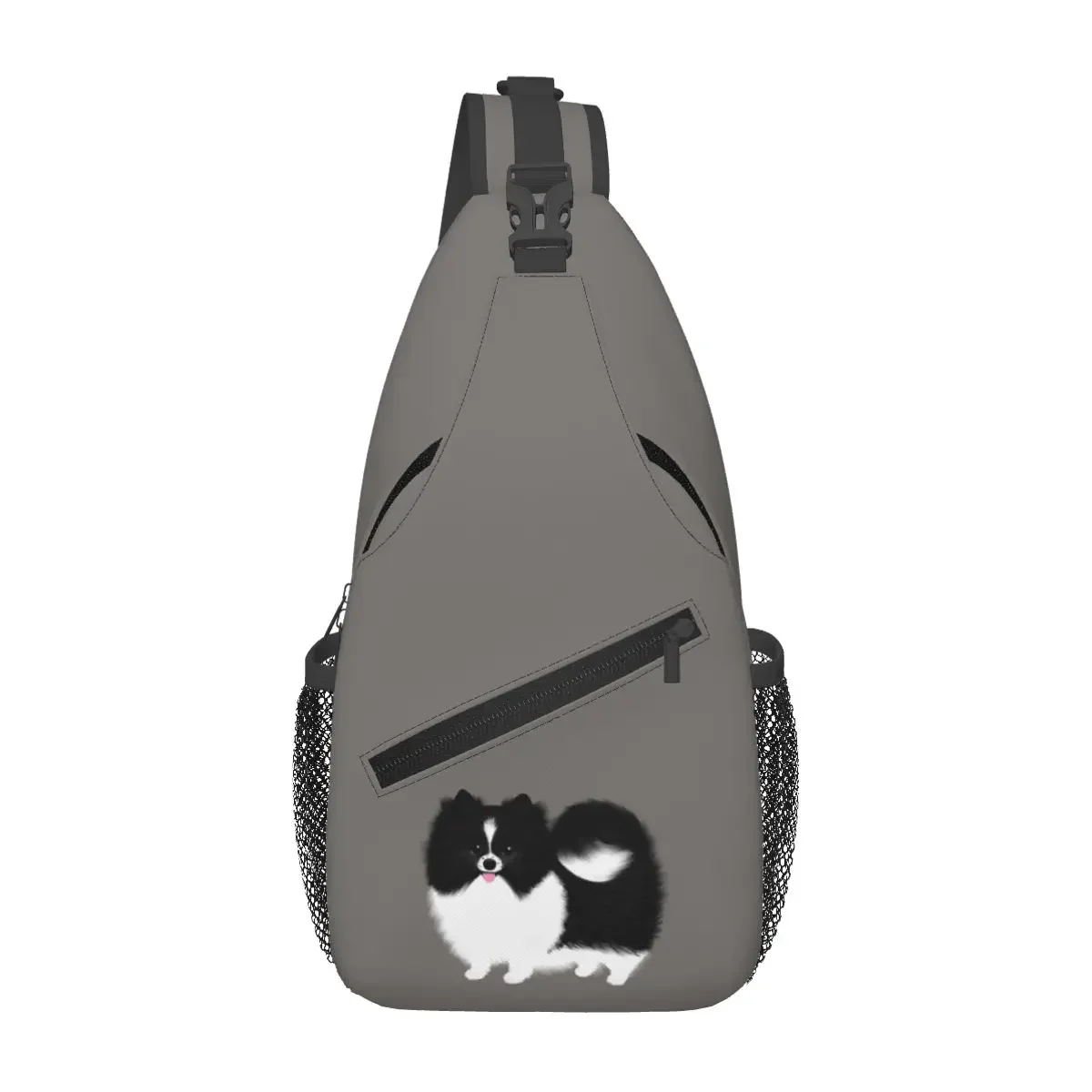 

Black And White Parti Pomeranian Fluffy Dog Chest Bag Men Sling Crossbody Backpack Chest Bag Traveling Daypack Shoulder Bag