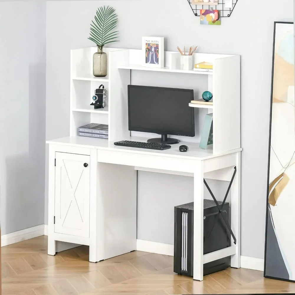 Farmhouse Computer Desk with Hutch and Cabinet, Home Office Desk with Storage, for Study, White 19.75