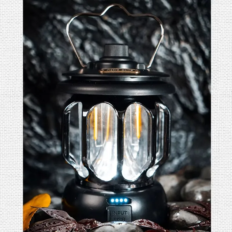 Rechargeable Vintage Camping Lantern Handheld Tent Light with Dual‑USB Output for Outdoor Hiking Camping Emergency Lighting