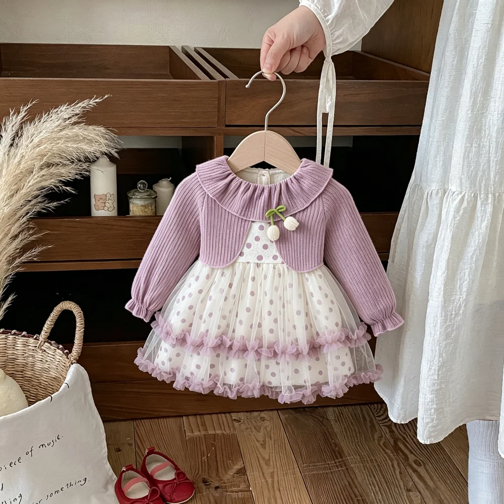 女の子用ドレス-春-秋-全面ポルカドットチュール長袖ベビーガールズドレス-愛らしいプリンセススタイルのベビードレス-ベビーガールズドレス