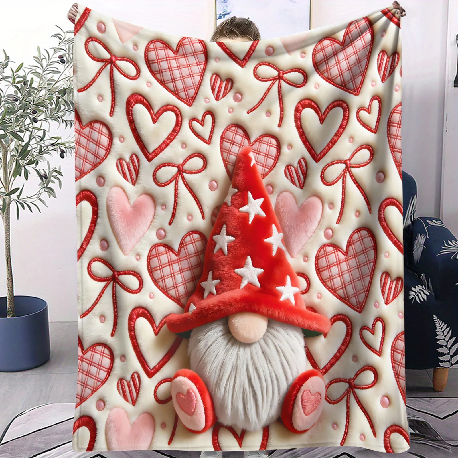 Gnome Red Heart Decorative Throw Blanket, Wrinkle Resistant Soft Flannel Blanket For Romantic Bedroom Anniversary Keepsake Decor