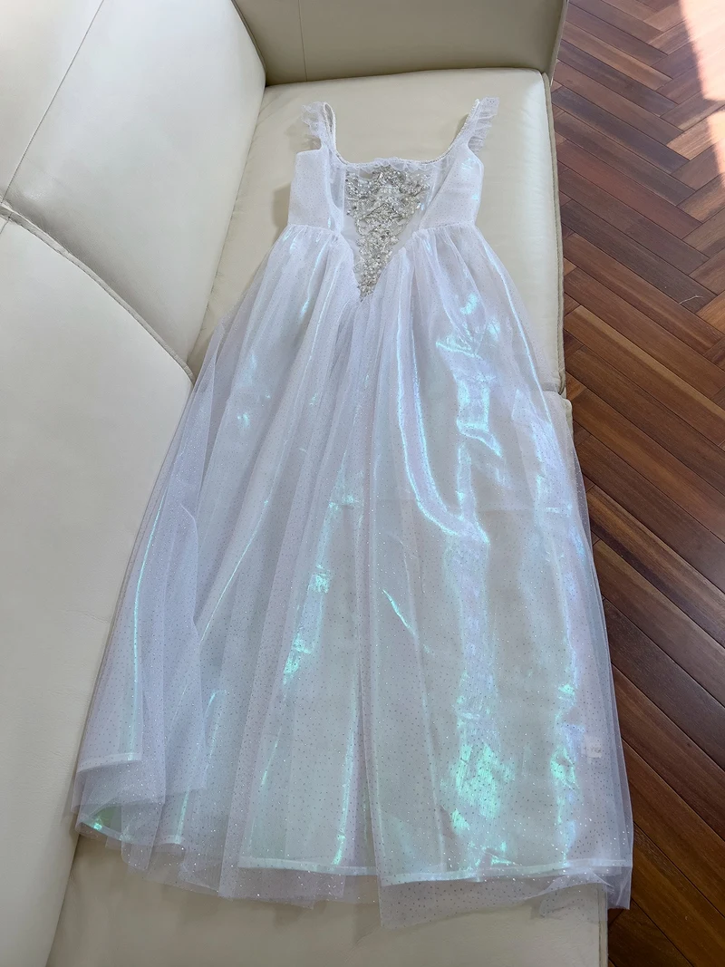 

Белое бальное платье Ele на бретельках, роскошное атласное платье с бисером, праздничная курортная длинная юбка с высокой талией, летнее платье трапециевидной формы