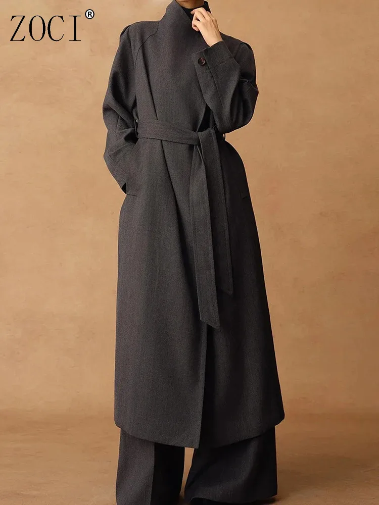 

ZOCI Elegant Belt Gathered Waist Long Trench Women's Stand Neck Solid Temperament Female Windbreaker 2025 Spring New FC1275