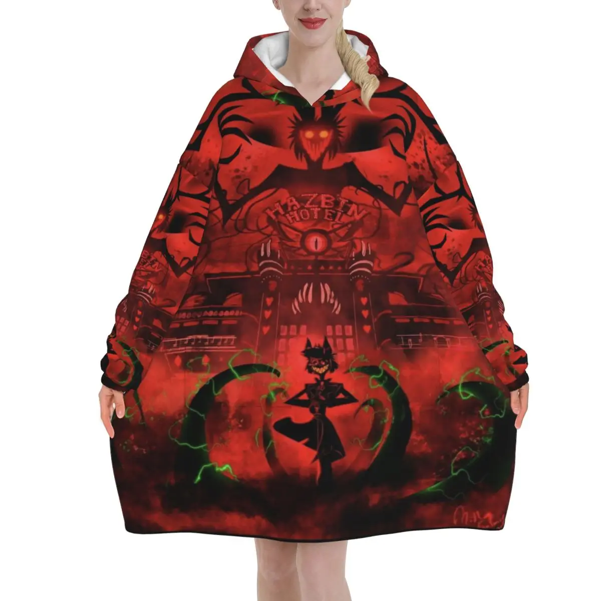 

Alastor Vox Hazbin Hotel Blanket Hoodie Oversized Wearable Sweatshirt Blanket Warm Gifts for Women Girls Girlfriend