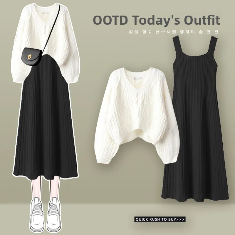 

plus Size Women's Fashion Set High Waist V-Neck Long Sleeve A-Line Dress And Top Conceal Meat Slimming Autumn Wear for Plump ...