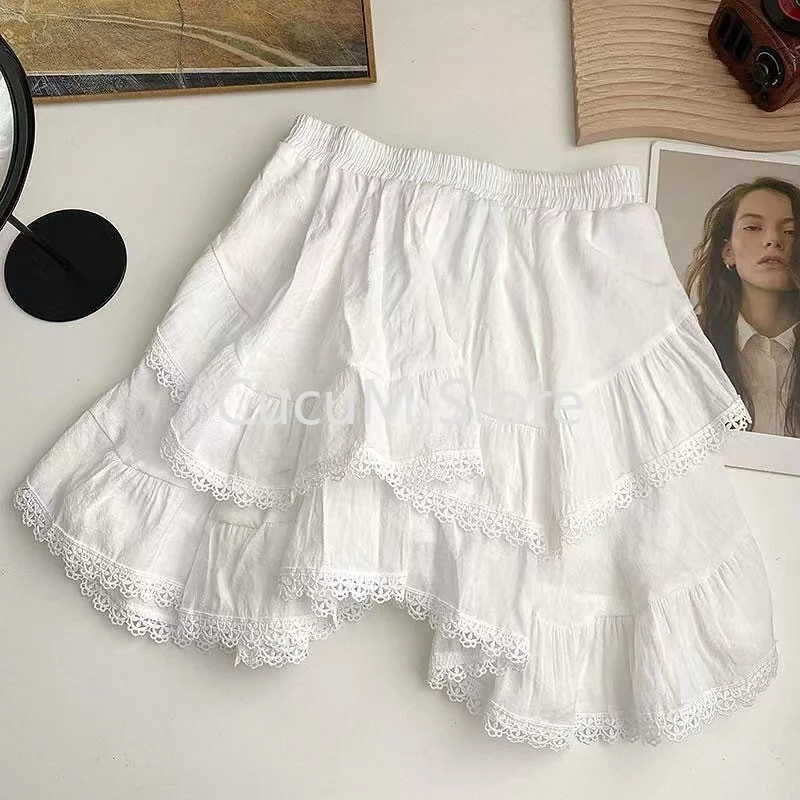 Pliado irregular feminino Mini Saias Kawaii, Renda, Patchwork, Coreano, Saia Fashion, Branco, Doce, Verão