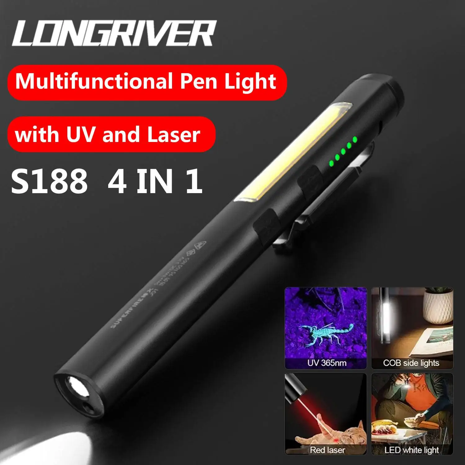 LONGRIVER S188 4 IN 1 Flashlight Multifunctional Pen Light Mini LED Rechargeable UV Light Magnetic Work Light Built in Battery