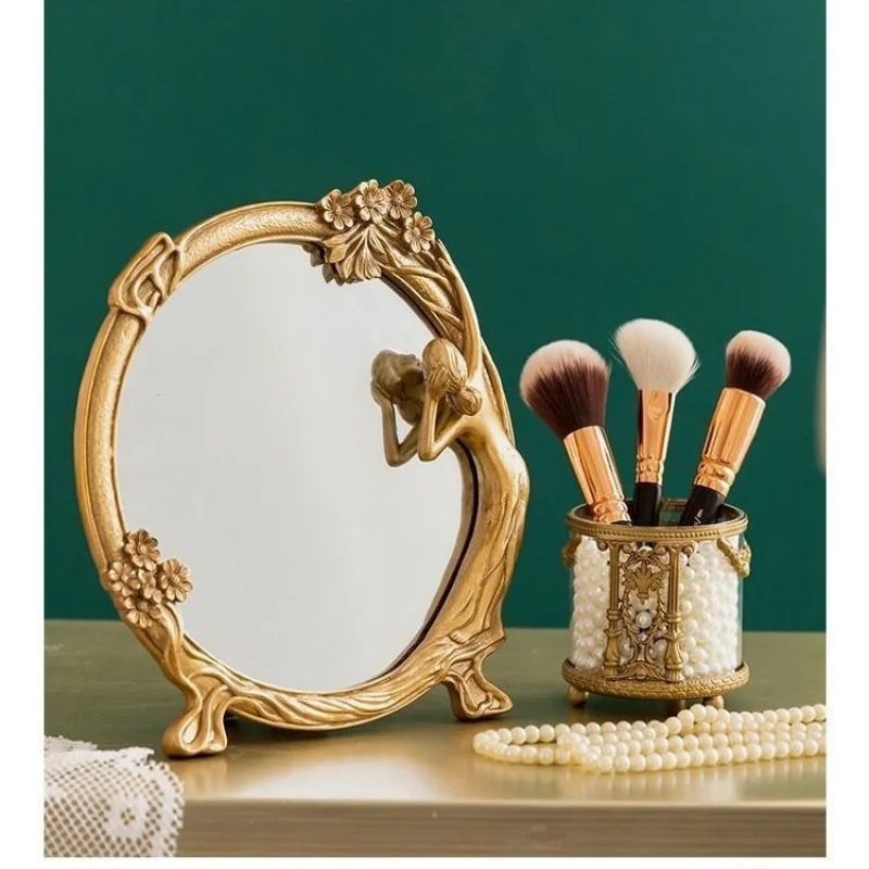 European-style mirror, makeup mirror, French palace style gold desktop dressing mirror, vintage-style wall-mounted mirror, embos