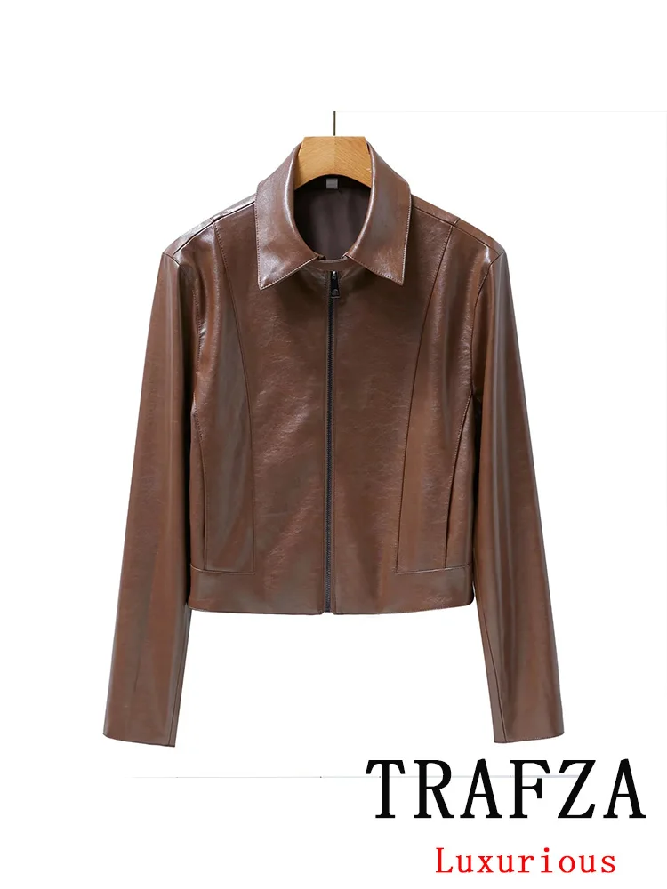 

TRAFZA Vintage Casual Women Jackets Brown Solid Turn-down Collar Long Sleeve Zipper Short Coat Fashion 2025 Autumn Chic Outwear