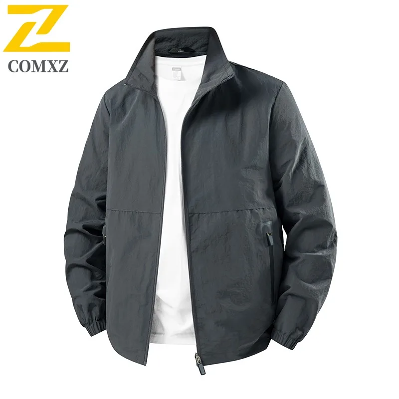 

COMXZ 2025 Mens Spring Autumn Stand Collar Casual Jacket Loose Fit Outdoor Sports Solid Color Business Workweer Trench coat