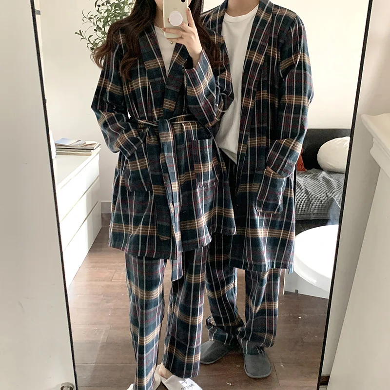 Plaid Print Autumn Two Piece Home Suit Women Couple Lovers Vintage Pajamas Set Cotton Nightgown Suit Elegant Soft Cotton