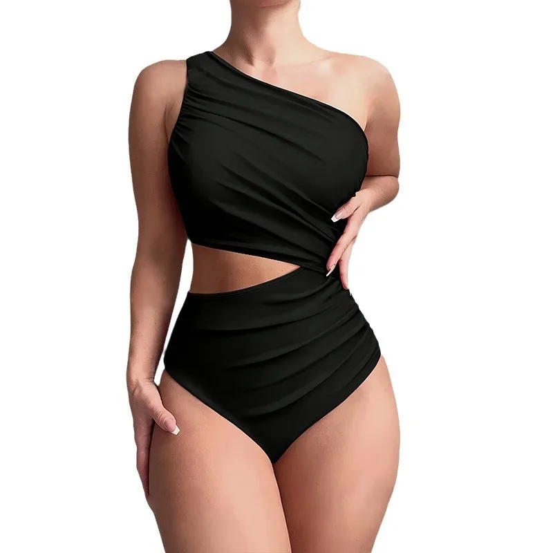 One Shoulder Cut Out Monokini Women Ruched High Waist Swimwear Hollow Out Bathing Suit Solid-color One Piece Swimming Suit