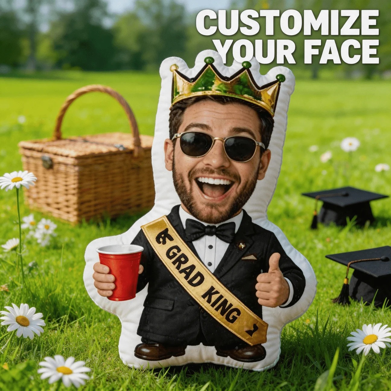 Custom Personalized Photo Face Pillow, Graduation King Character Custom Shaped Decorative Cushion, 60cm Large Size Accent Pillow