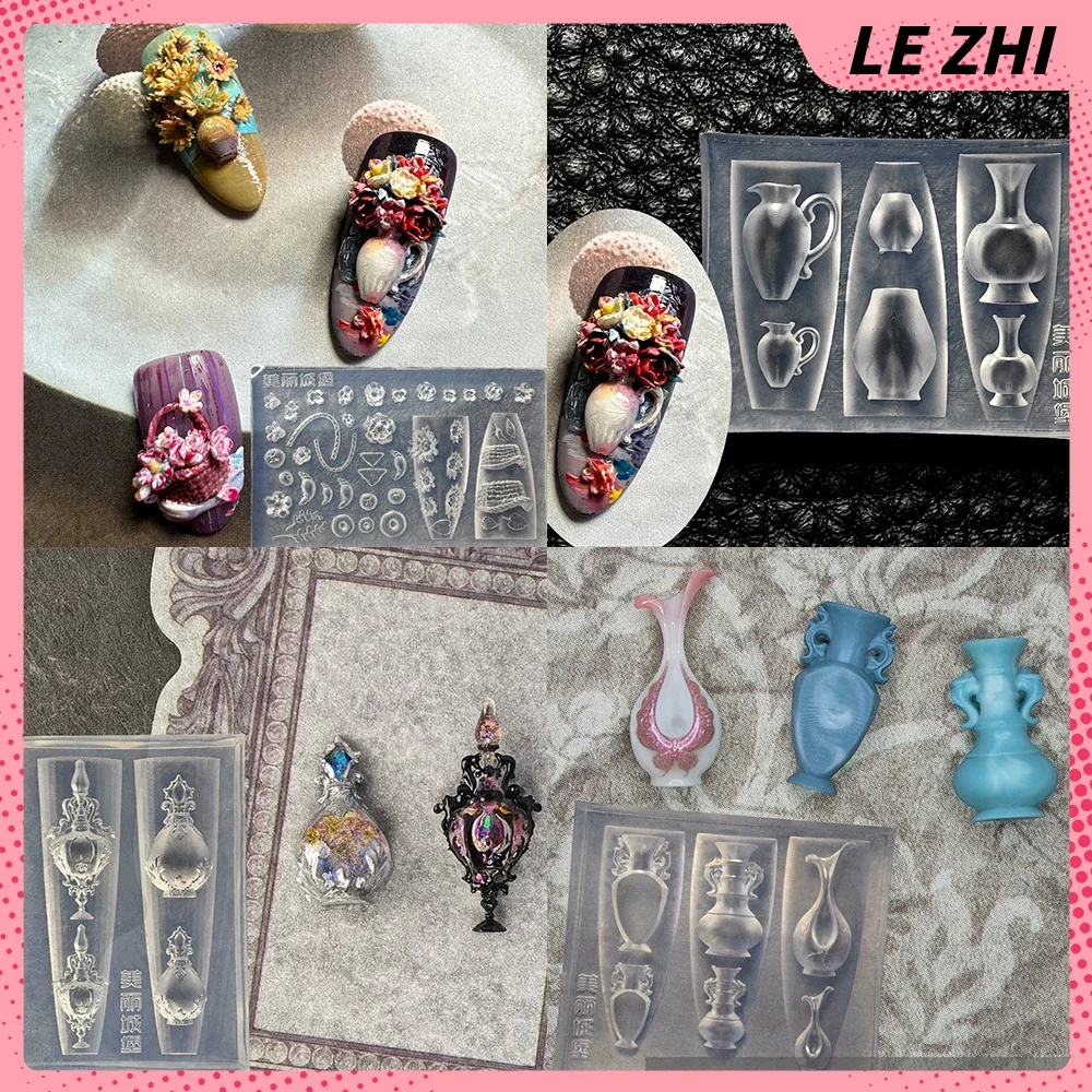 

High Quality Vintage Pottery Vase Nail Art Mold Silicone 3D Flower Tulip Rose Peony Clown Acrylic Stamping Plates Diy Mold