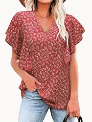 Women's fashionable V-neck solid color daisy pleated shirt casual short sleeved top for women