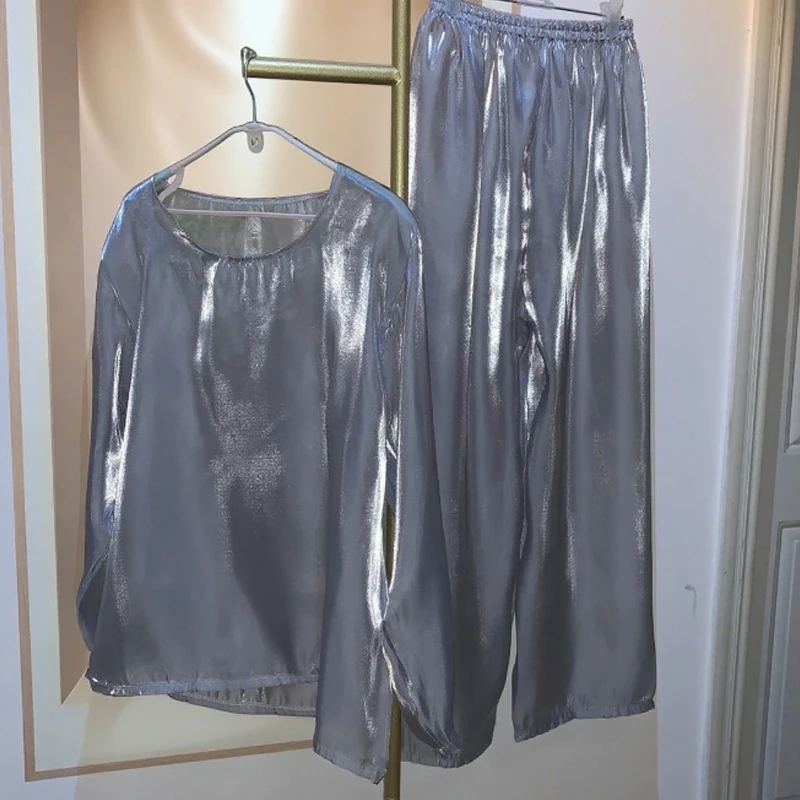 

Сексуальный костюм нижнего белья, глянцевая прозрачная тюлевая пижама, комплект из двух предметов, свободная одежда для сна с длинными рукавами, верхние брюки больших размеров для мужчин и женщин