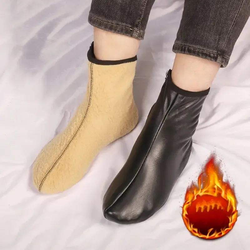 Damen und Herren Einfache Rutschfeste Reißverschluss-PU-Fußwärmer Verdickte Warme Winter-PU-Bodensocken Winddichte Weiche Dicke Wadenlange Socken