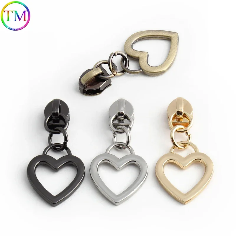 Heart Shape 5# Nylon Detachable Metal Zippers Zip Puller For DIY Clothing Purse Backpack Bags Repair Sewing Accessories