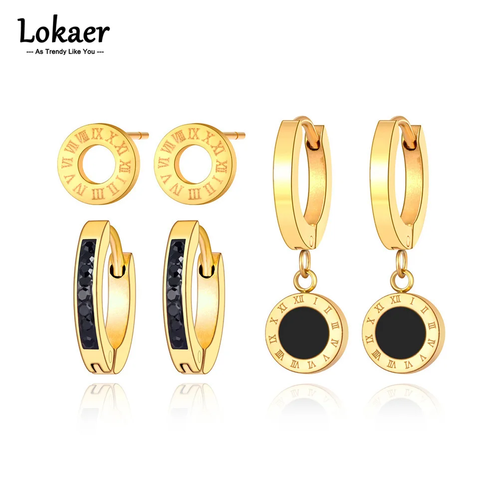 Lokaer Trendy Titanium Stainless Steel Roman Numerals Earrings Jewelry 3Pair/Set Black Crystal Earrings For Women Girls E21132