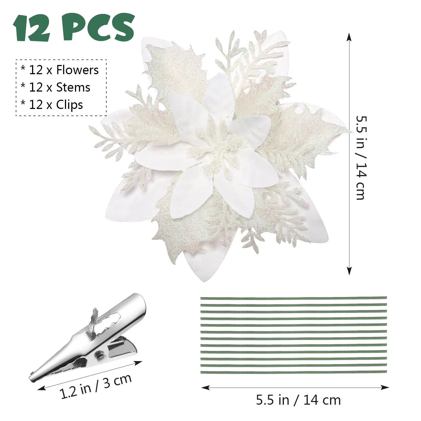 12pcs Christmas Glitter Artificial Poinsettia Flowers Christmas Tree Flowers Hanging Ornaments Party Decoration With Stems Clips