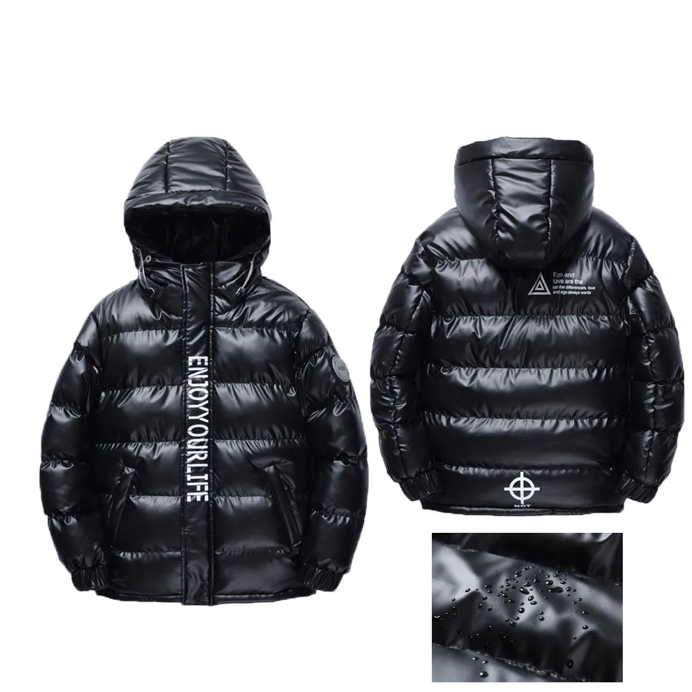 

Черное ветрозащитное водонепроницаемое мягкое верхнее белье для мальчиков-подростков от 6 до 18 лет, детское блестящее зимнее плотное хлопковое пальто, детская уличная одежда