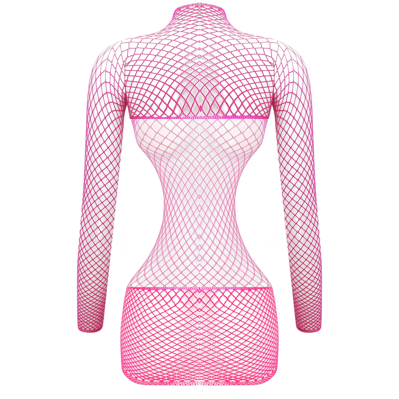 Womens See Through Fishnet Lingerie Dress Long Sleeve Backless Stretchy Transparents Bodycon Dress Swimsuit Bikini Cover Up