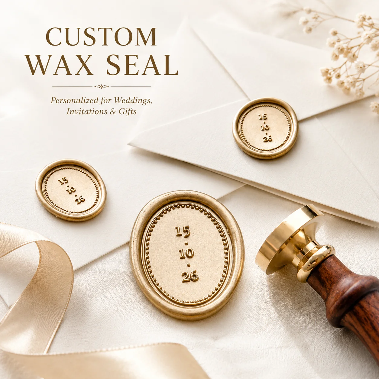 Custom Wax Seal Stamp, Oval Round Personalized Wedding Invitation Seal with Custom Date, Elegant Brass Stamp for Envelopes, Invi