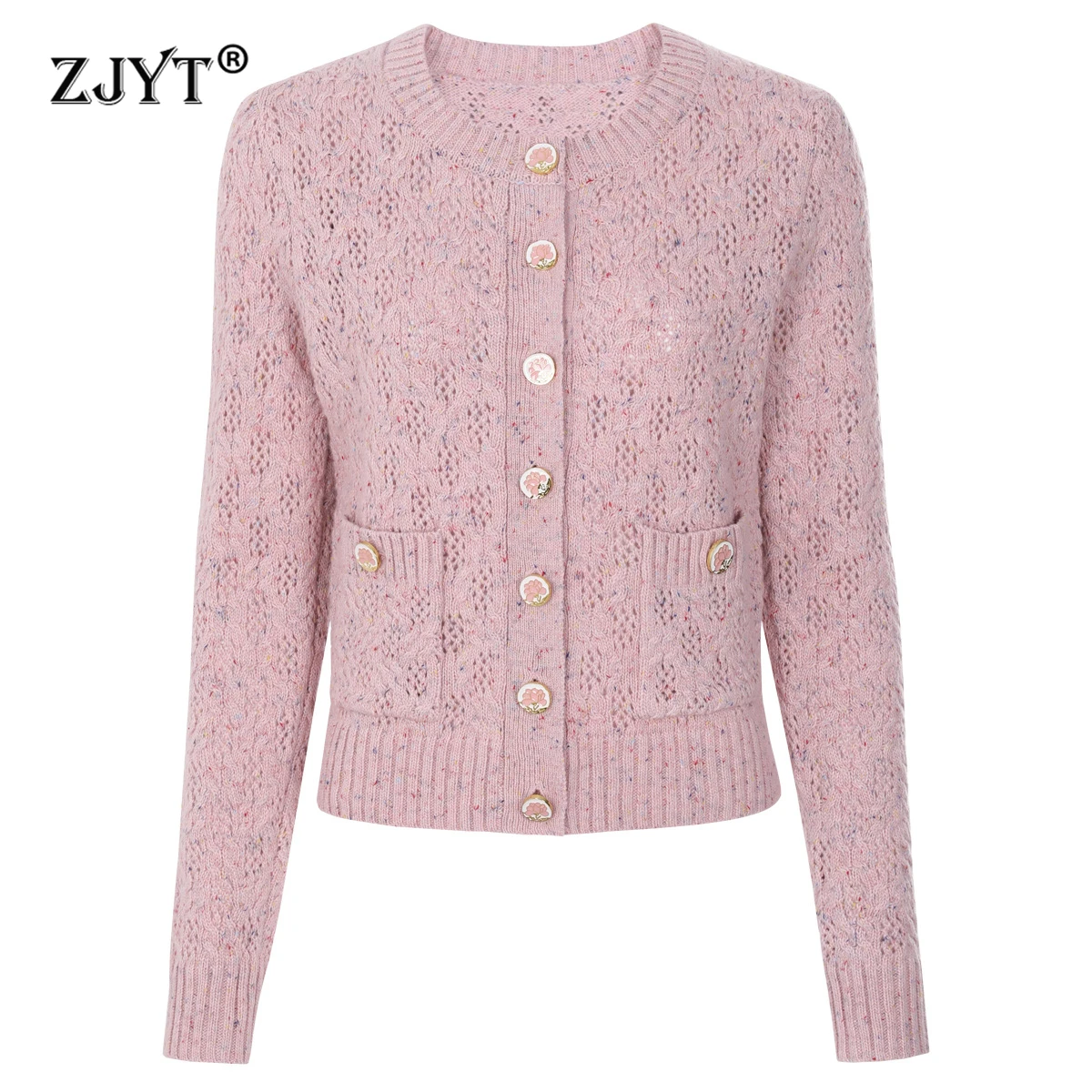 

ZJYT 2026 Spring Fashion Long Sleeve Knitted Cardigans Sweaters O Neck Single Breasted Casual Pink Knitting Tops Jersey Mujer
