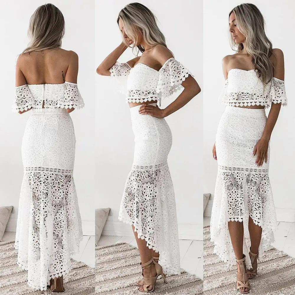 

elegant lace skirts Women High Waist Two Pieces Sets Sexy Crop Tops and Graduation Gown Lace A Line Skirt New Navy Blue Suits