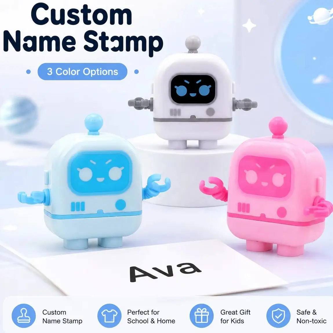 1PC Personalized Robot Name Stamp, Black Text Portable Stamp for Notebooks, clothes, Personal Items, Back to School Classroom
