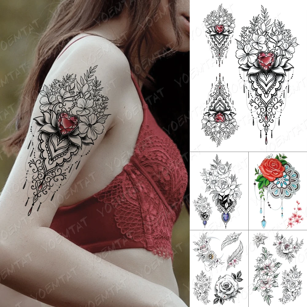 

Henna Sexy Waterproof Temporary Tatoo Gem Peony Rose Leaf Crescent Sticker Body Art Arm Fake Tattoo Men Women 3D Fake Tattoos