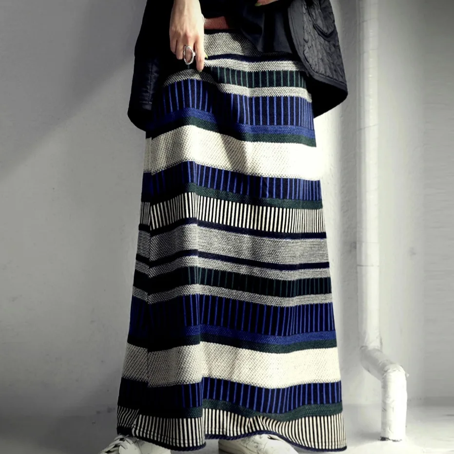 Thiened Knitted Color Blo Striped f Skirt Floor Length Asymmetrical Hem High Waist A-Line Korean Sle Commute Skirt