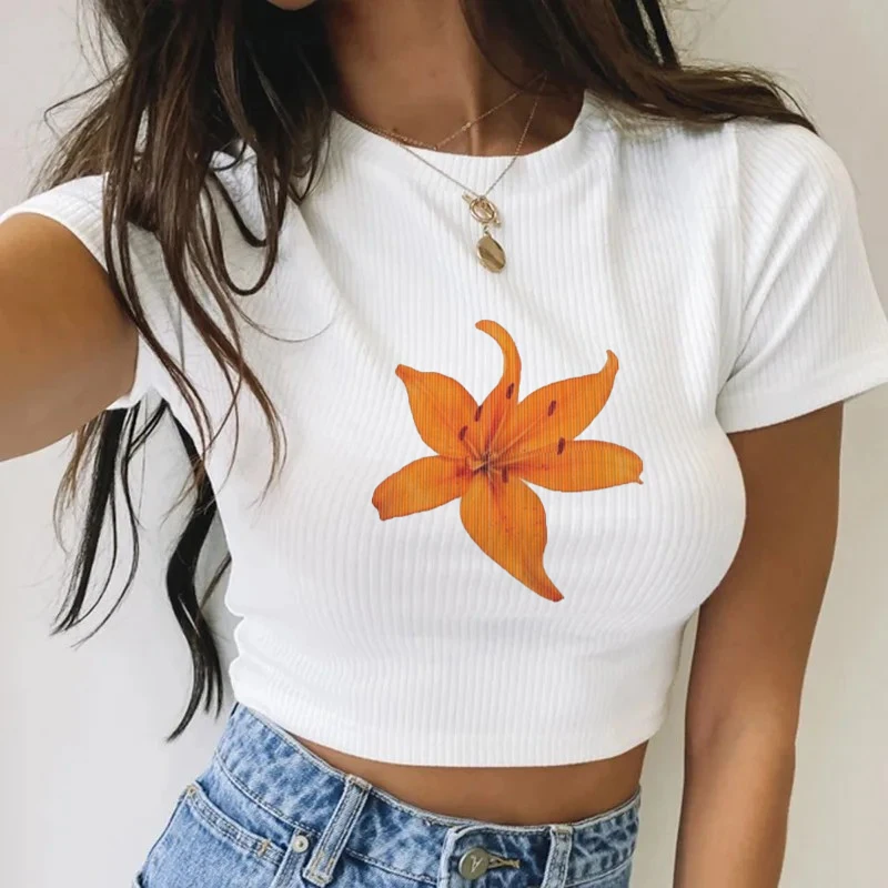 Lily Flower Print T-shirts Summer Gothic Sexy Slim Crop Tops Y2K Hip-Hop O-Neck Short Leeve T Shirt 00s Women Fashion Baby Tee