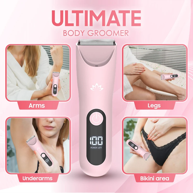 Recortador de bikini para mujer, pelos pubianos, maquinillas de afeitar eléctricas indoloras, afeitadora recargable para mujer, resistente al agua IPX7 para vello corporal (rosa)