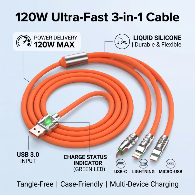 3-in-1 Multi Charging Cable 120W Super Fast Charge Liquid Silicone Cable LED Indicator USB Charger Wire for All Mobile Phones