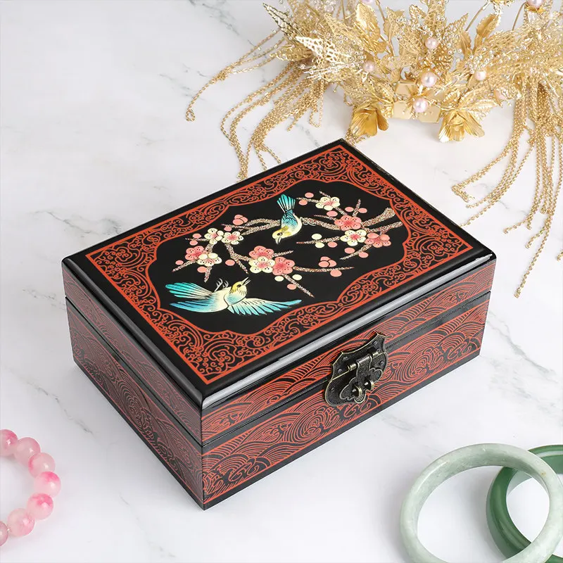 Exquisite Ancient Style Pingyao Pushing Lacquer Jewelry Box Vintage Solid Wood Storage Box Wedding Three Gold Dowry Jewelry Box