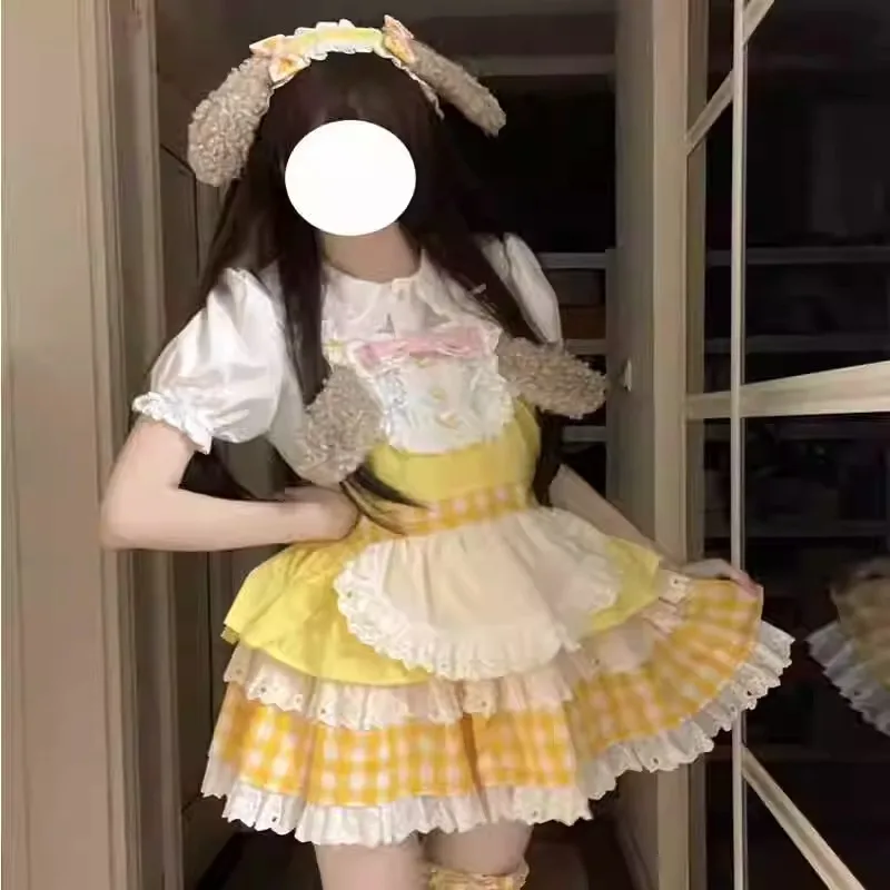 Japonês original lolita amarelo xadrez flor casamento elegância diária temperamento filhote de cachorro impressão camadas suspender vestido para mulher