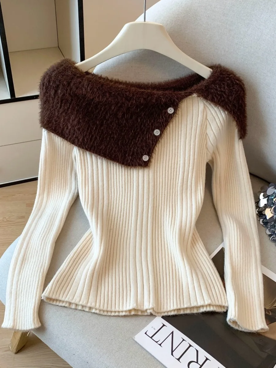 

Облегающий вязаный свитер oulder Bared Long Sve для женщин, корейская версия, элемент на пуговицах, обычный, тонкий