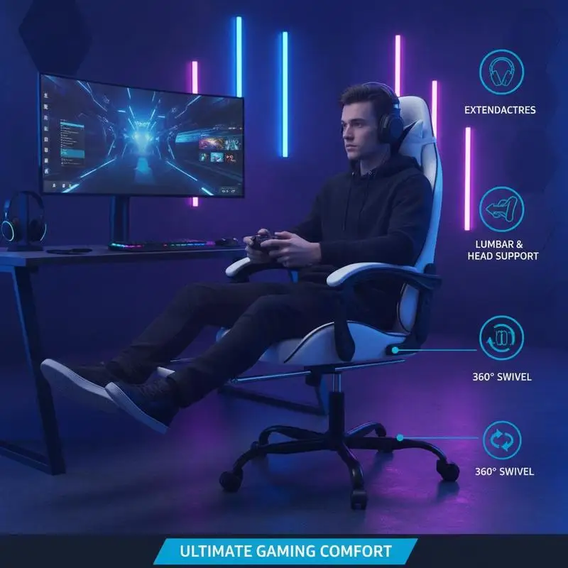 Chaise gamer pivotante blanc-noir en similicuir équipée d'un repose-pied et d'un massage lombaire USB. Dossier inclinable jusqu'à 135° ° Hauteur réglable, roulettes et structure métallique stable, similicuir facile à nettoyer, charge maximale 110 kg.
