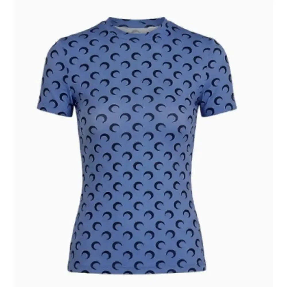 Slim Fit Women's Blue Black Moon Print Half High Collar Short Sleeve T Shirt Elastic Versatile Summer High Street Fashion Top