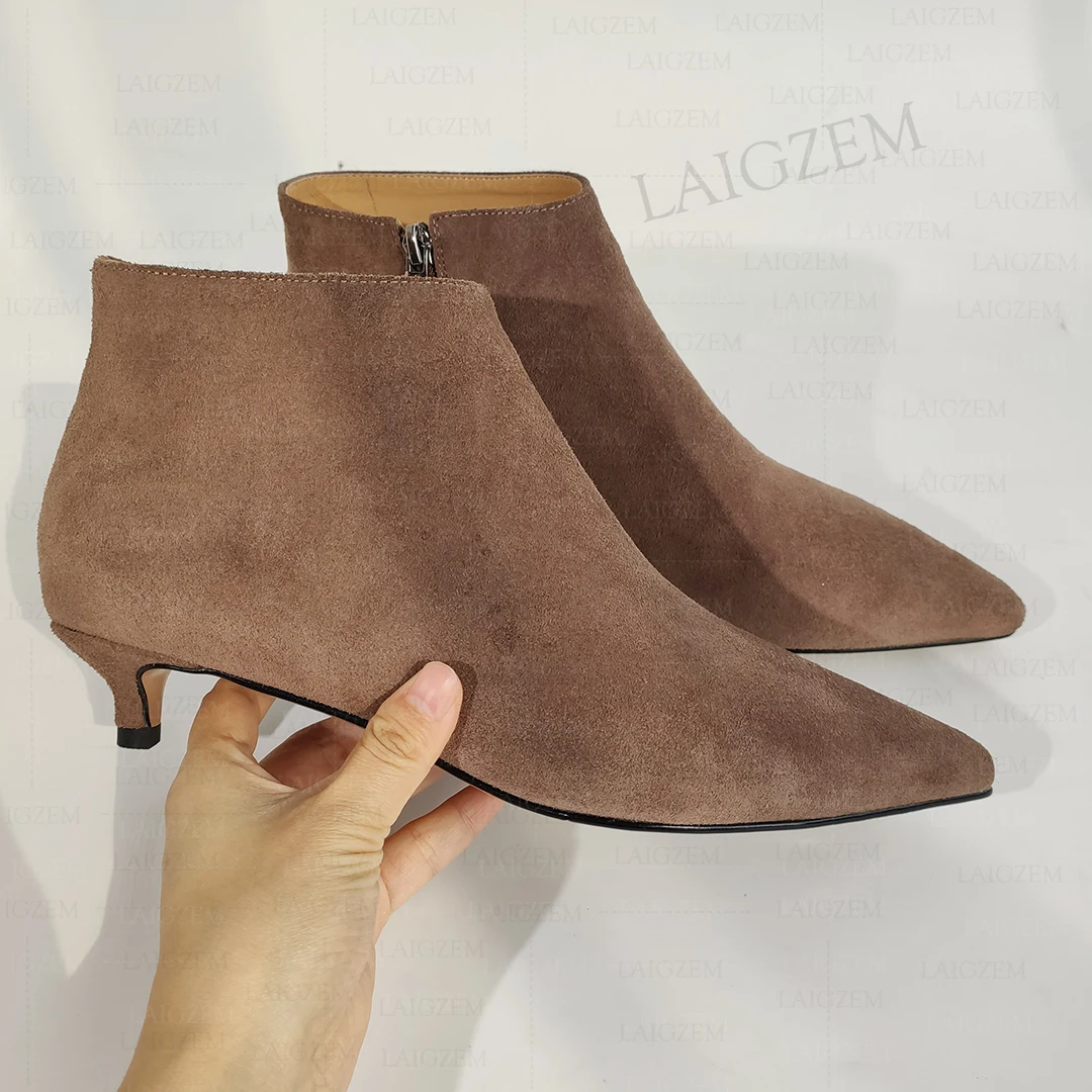 LAIGZEM Women Ankle Boots Suede Pointed Toe Side Zip 3.5CM Kitten Heels Short Booties Handmade Ladies Shoes Woman Size 33 36 40