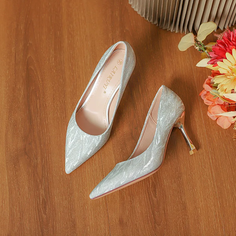 Small Size 31-44 High Heels Pointed Toe Shallow-top Stiletto Heel Women's Shoes Silver Banquet Women Pumps