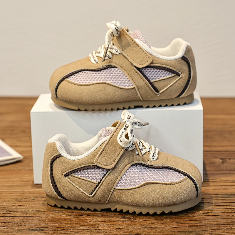 Toddler Kids Vintage Color Block Suede Mesh Sneakers Retro Running Trainers Printed Lace Up Adjustable Velcro Strap Non-Slip Fle
