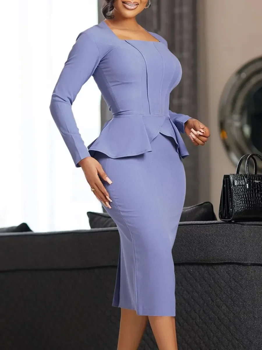 Plus Size Autumn And Winter New Long Sleeved Fashionable Commuting Temperament Elegant Ruffled Square Neckline Pencil Dress