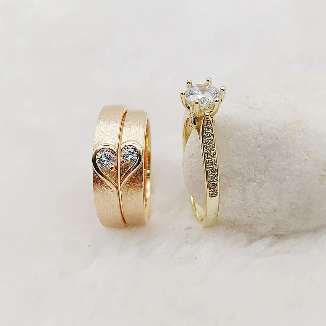 Western 3 uds Plata de Ley 925 pareja anillos de compromiso de boda conjunto nupcial corazón de amante 24k chapado en oro rosa joyería alianzas