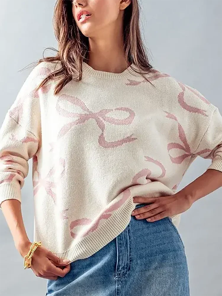 Top blanco roto con lindo patrón de manga larga con lazo suéter de moda Top de punto informal suelto lindo patrón de cinta jersey de manga larga de punto para mujer