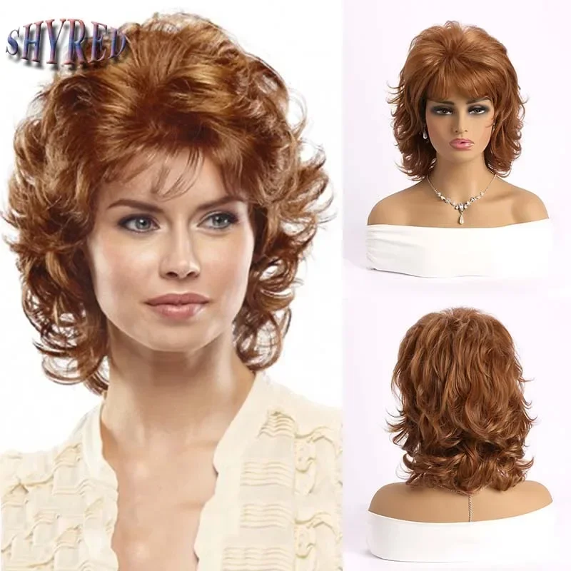 Short Light Brown Wigs Synthetic Pixie Cut Straight Wave Hair With Bangs For Women High Temperature Mommy Daily Wear Wigs